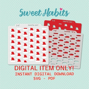 Könnte beinhalten: Drei Schablonen mit Santa-Hut-Designs. Die Schablonen sind weiß und rot, mit dem Text "SANTA HAT" und "Sweet Habits". Das Bild enthält auch den Text "DIGITAL ITEM ONLY! INSTANT DIGITAL DOWNLOAD SVG - PDF".