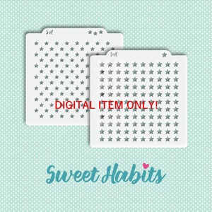 May include: Two white stencils with a grid of stars. The stencils are labeled "5x7" and "DIGITAL ITEM ONLY!" The text "Sweet Habits" is written in pink and white below the stencils.