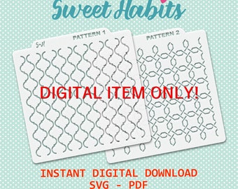 May include: Two digital stencil designs for crafting. The first pattern is a repeating geometric design with a wavy, curved line. The second pattern is a repeating geometric design with straight lines. The text "DIGITAL ITEM ONLY!" is in red letters. The text "INSTANT DIGITAL DOWNLOAD SVG - PDF" is in black letters.