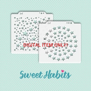 May include: Two white stencils with a star design. The stencil on the left has a random scattering of stars. The stencil on the right has a circle of stars. The text "DIGITAL ITEM ONLY!" is printed in red on the stencils. The text "Sweet Habits" is printed in blue at the bottom of the image.