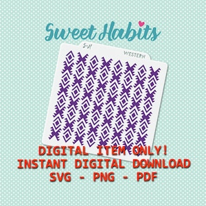 May include: A digital download of a purple and white geometric pattern. The pattern is a repeating design of diamonds and triangles. The text "Sweet Habits", "5x7", "WESTERN", "DIGITAL ITEM ONLY!", "INSTANT DIGITAL DOWNLOAD", "SVG - PNG - PDF" is included in the image.
