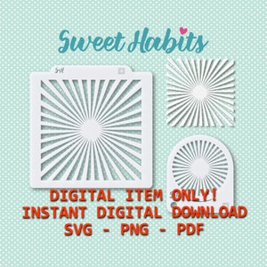 May include: Three digital download files for a sunburst stencil design. The files are in SVG, PNG, and PDF formats. The stencil is 5 inches tall and features a sunburst design with a circle in the center.