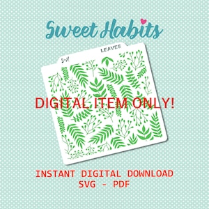 Könnte beinhalten: Digitaler Download eines weißen Blattes mit einem Muster aus grünen Blättern und Beeren. Das Blatt ist mit "Leaves" und "S-H" beschriftet. Der Text "DIGITAL ITEM ONLY!" ist in roten Buchstaben. Der Text "INSTANT DIGITAL DOWNLOAD SVG - PDF" befindet sich unter dem Blatt.