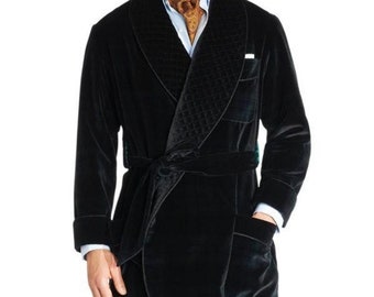 Men Long Smoking Jacket Velvet Quilted Black Elegant Hosting Evening Party Wear Coat Long Smoking Robe De Chambre