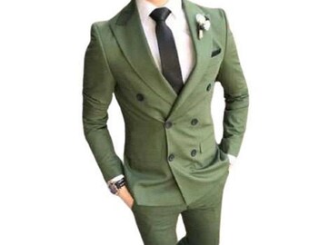 Men's Green 2 Piece Wedding Suit Slim Fit Double Breasted Dinner Wear Suit