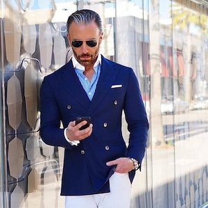 Men's Blue Double Breasted Designer Jacket Party Wear Slim Fit Prom ...