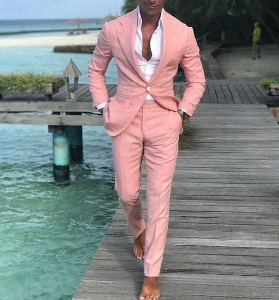 Buy Men's Light Pink Summer Beach Party Wear Suit One Button 2