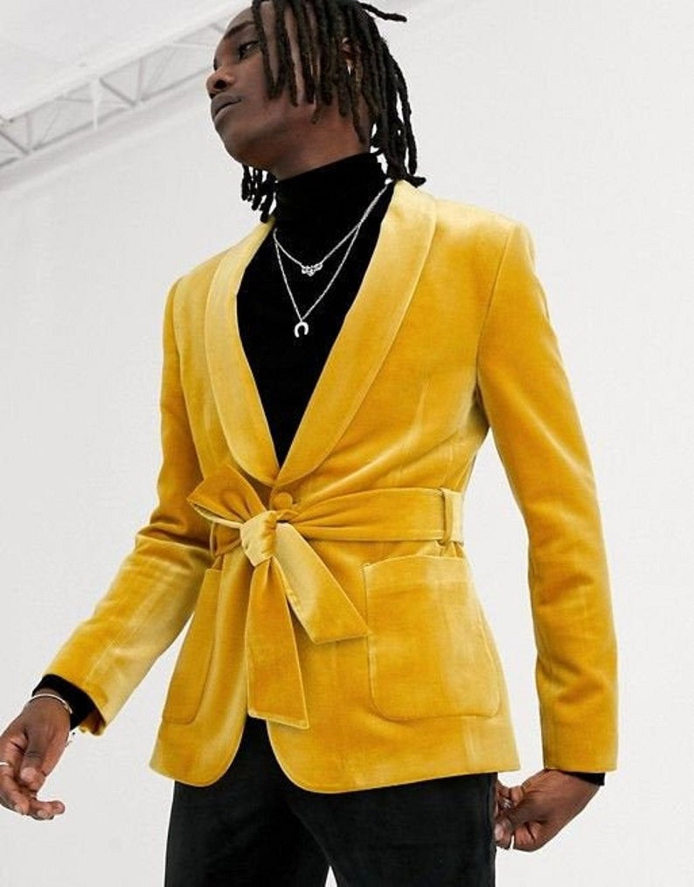 Men Velvet Smoking Jacket Robe Jacket New Arrival Yellow 