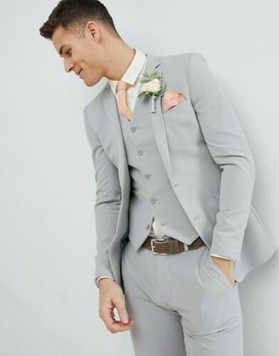 Men's Grey 3 Piece Summer Wedding Suit Slim Fit Two Button Groom Wear Suit  -  Canada