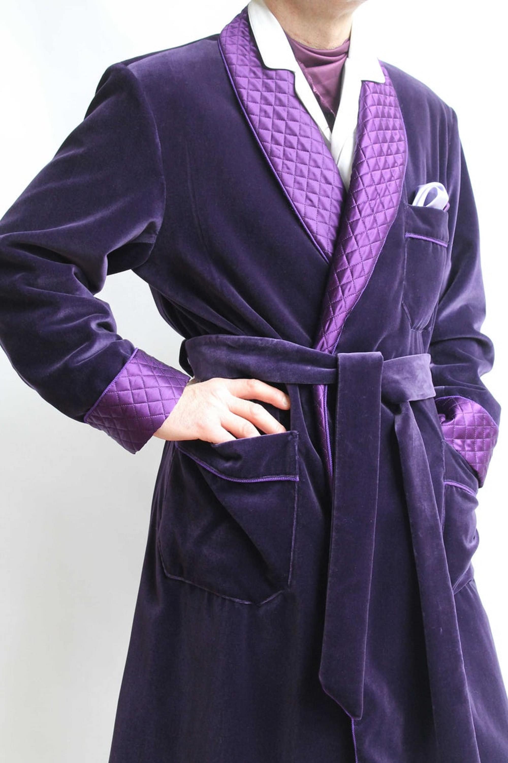 Men's Quilted Purple Velvet Smoking Long Robe Jacket Etsy