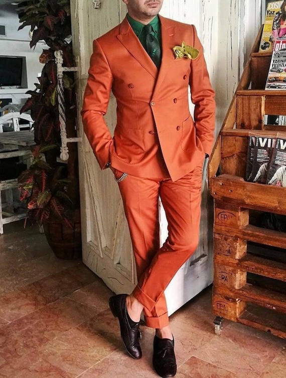 Hombre naranja 2 piezas traje de novia slim ajuste doble pecho