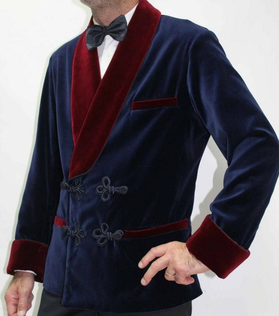 Men Navy Blue Velvet Frogging Button Smoking Jacket Elegant | Etsy