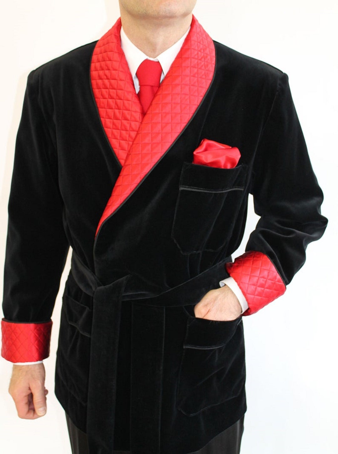 Men's Elegant Quilted Black Velvet Smoking Jacket Hosting - Etsy