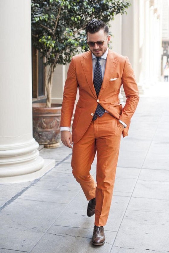 Men's Orange Fashion Formal Slim Fit Suit Two Piece Dinner Wear Suits 