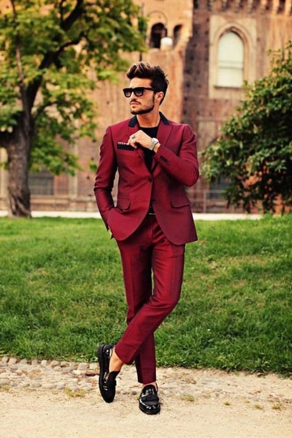 Men's Red Fashion Formal 2 Piece Suit Slim Fit Wedding Party Wear Suit -   Sweden