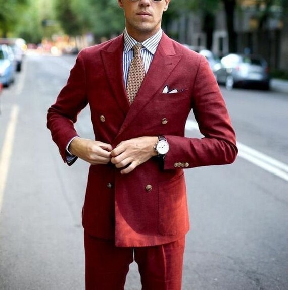 Wine double breasted suit cheap