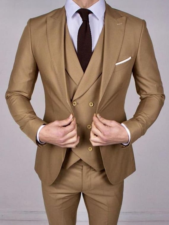 Men s Khaki 3 Piece Formal Wear Suit Slim Fit One Button Suit