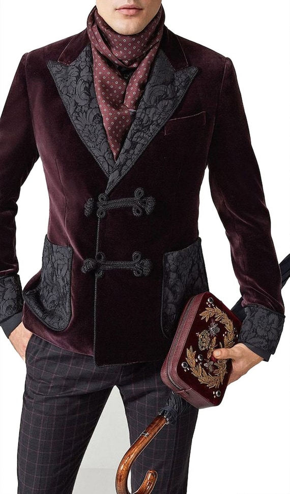 Burgundy Smoking Jacket Stylish Jacket Velvet Quilted Elegant