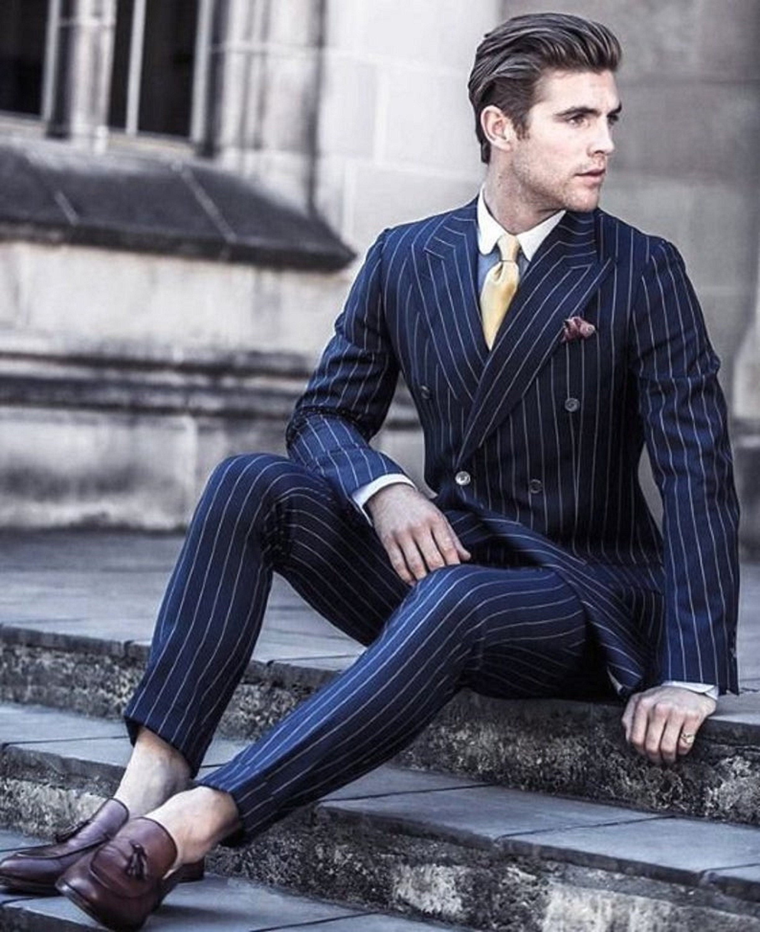 Men's Navy Pinstripe Slim Fit Suit | Hawes & Curtis