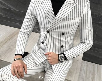 Men Fashion Formal White Pin Stripe 2 Piece Suit Double Breast Slim Fit Suit