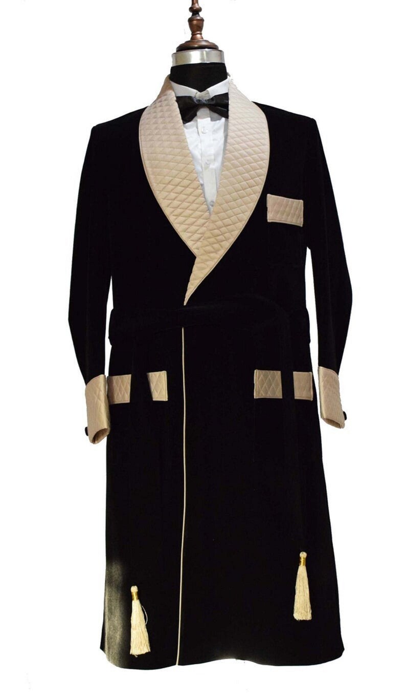 Men Smoking Jacket Robe Black Velvet Quilted Elegant Hosting Evening ...