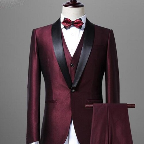Men's Burgundy 3 Piece Tuxedo Suit Slim Fit One Button - Etsy