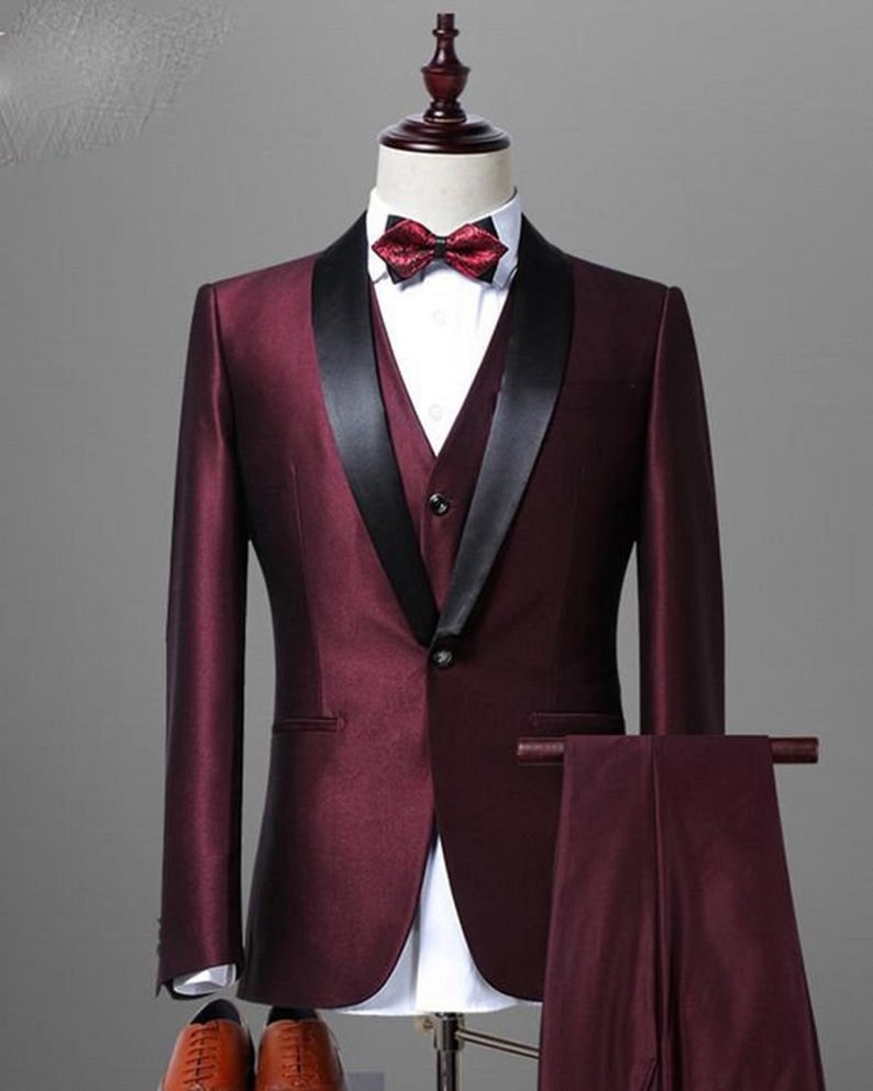 Men's Burgundy 3 Piece Tuxedo Suit Slim Fit One Button - Etsy