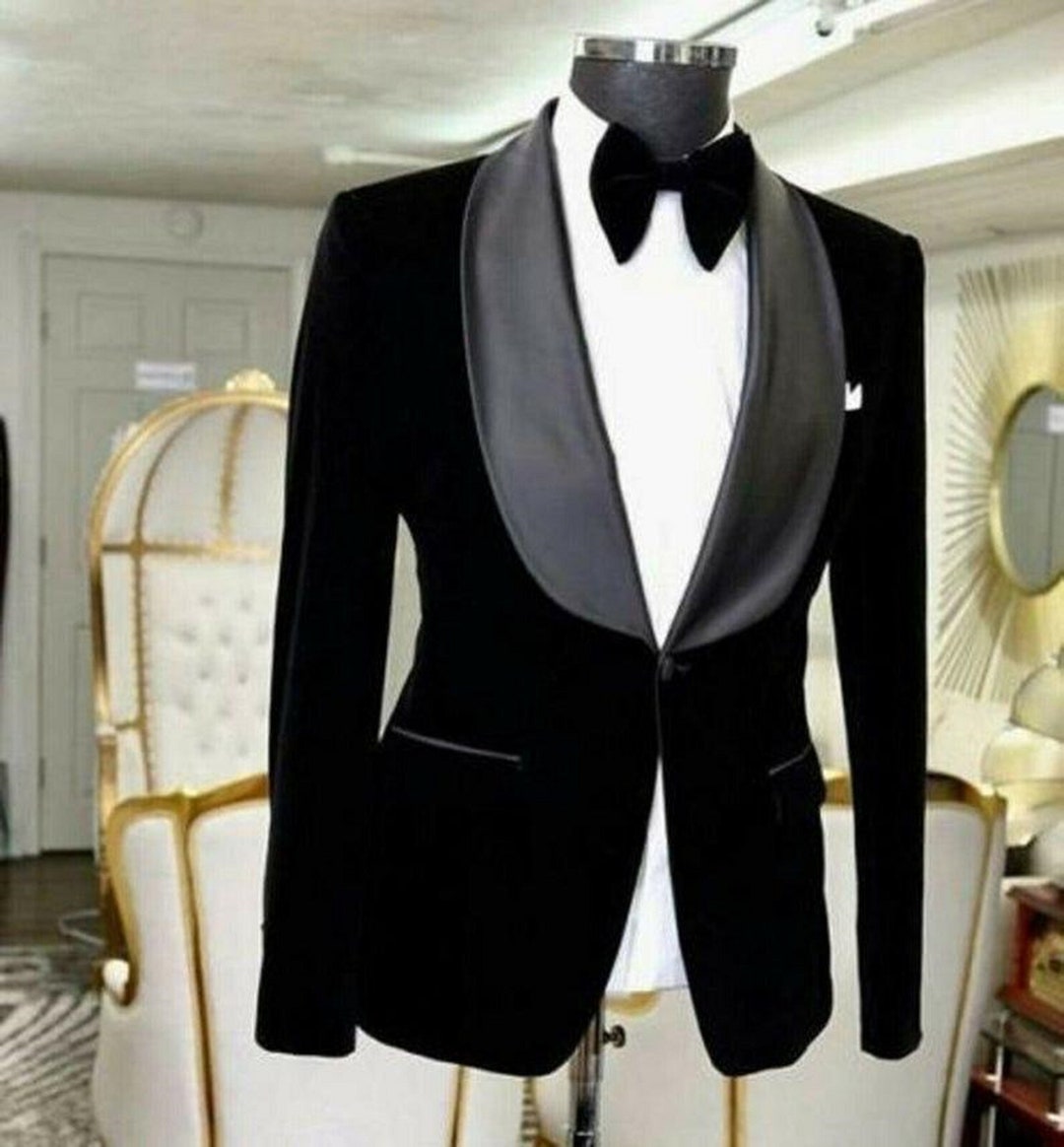 Men's Black Velvet Shawl Lapel Tuxedo Jacket Slim Fit One Button Dinner