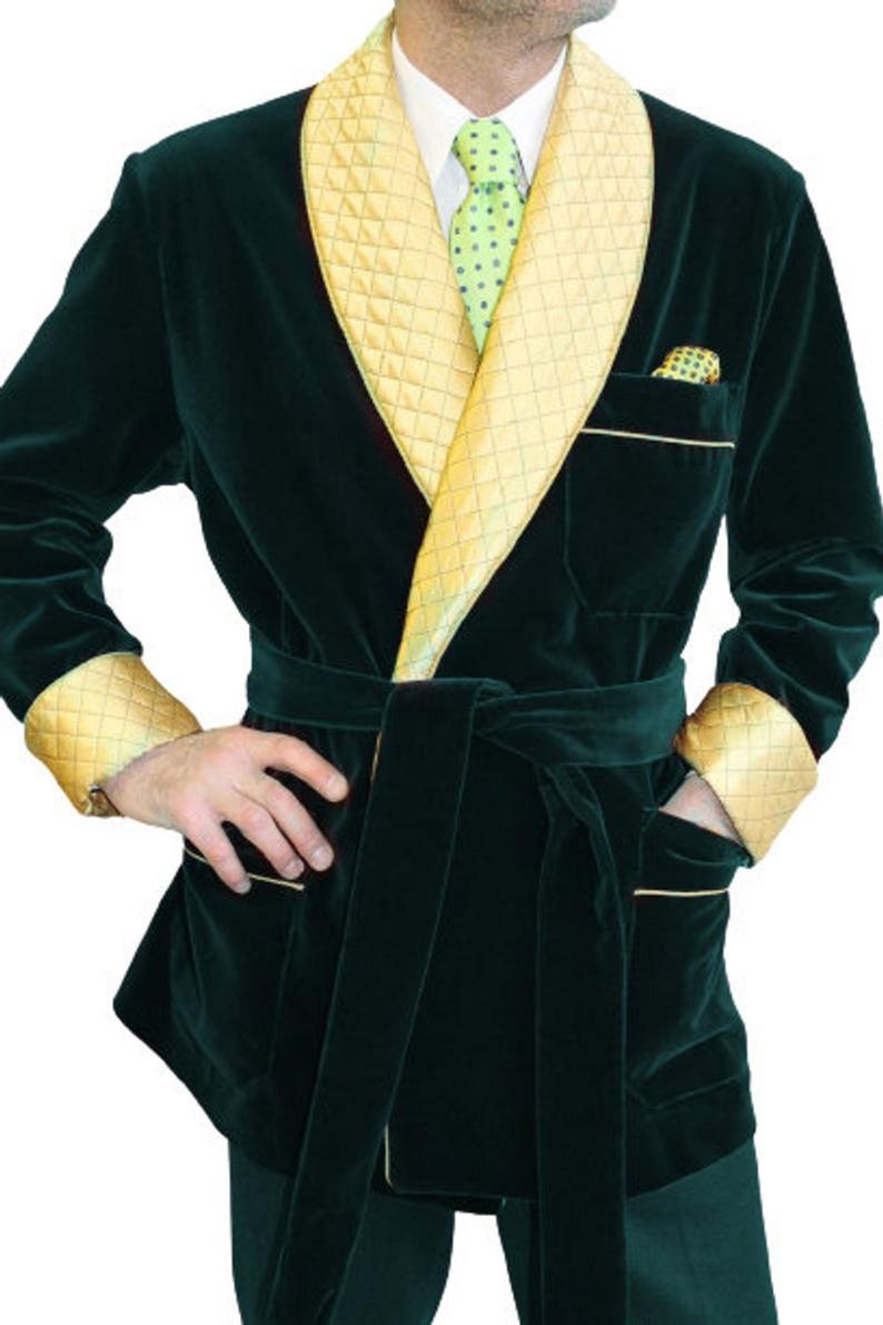 Men's Elegant Quilted Robe Velvet Smoking Jacket Belted Hosting Evening ...