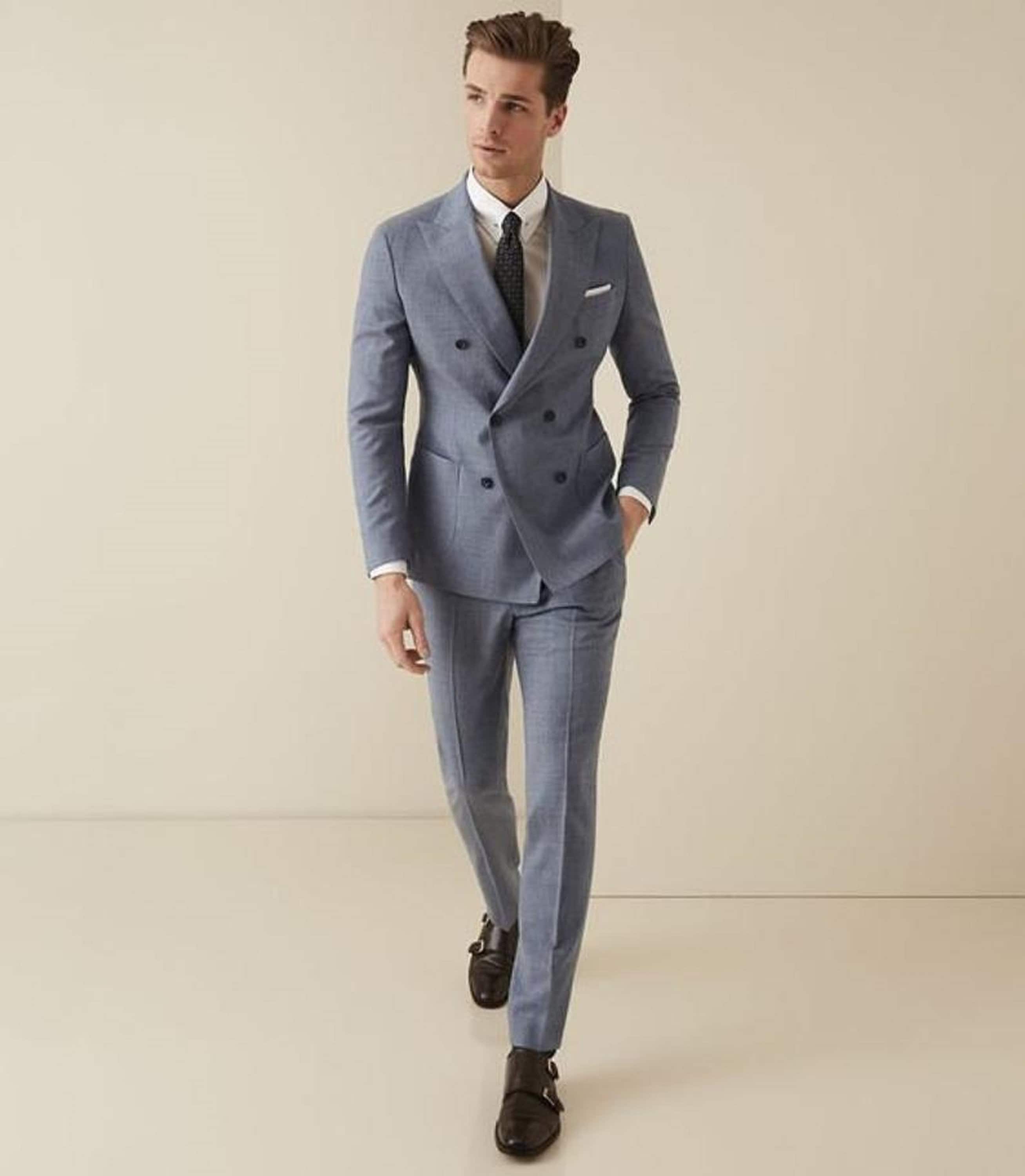 Men's Grey 2 Piece Business Suit Slim Fit Double Breasted Dinner