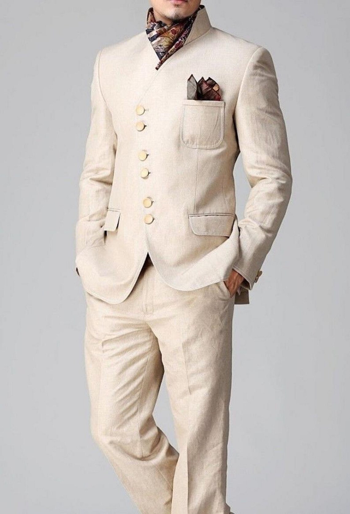 Men's Linen Beige Jodhpuri Slim Fit Suit Indian Ethnic Dinner Wear ...