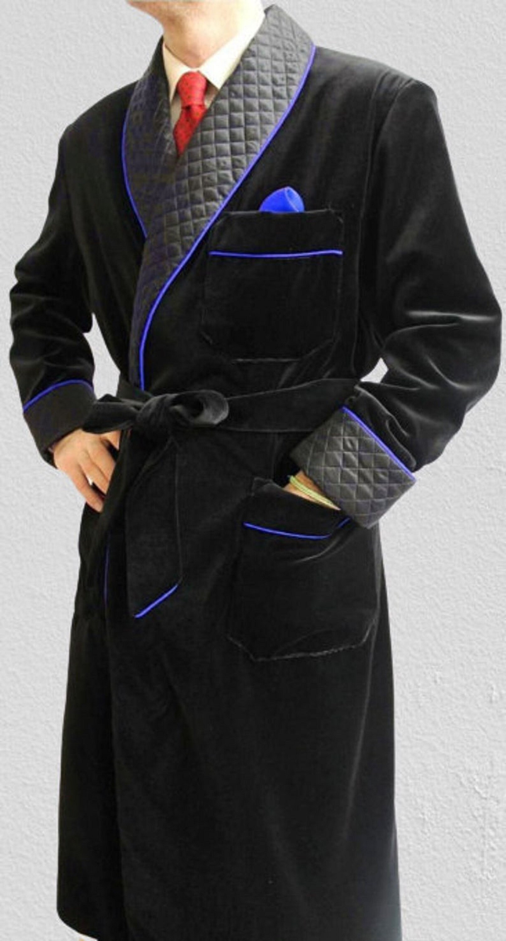 Men's Luxury Black Velvet Long Smoking Robe Jacket Belted Etsy