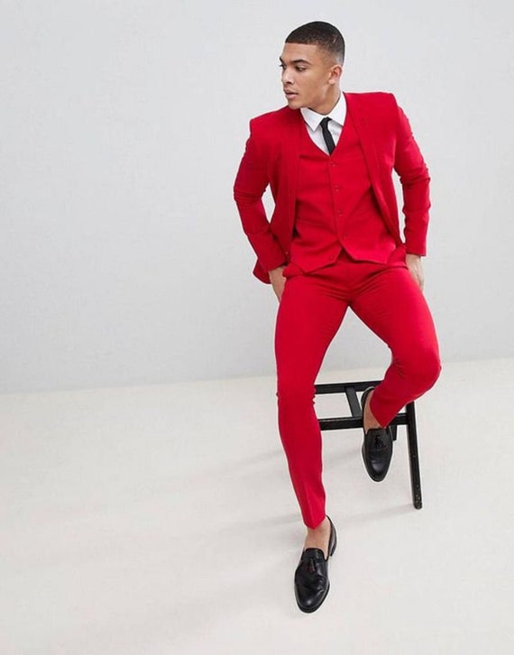 Mens Red Suit Tuxedo 2 Piece Slim Fit Suit Evening Party Wear Dinner Coat  Pants