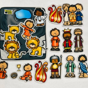 May include: A collection of colorful, illustrated stickers featuring characters and scenes from a biblical story. The stickers include lions, angels, and various figures in robes, with the text "Daniel Lions" on a cave-like background.