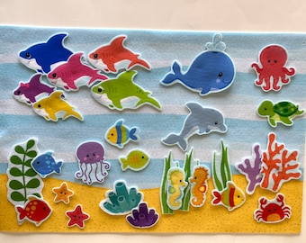 Baby Shark Family Ocean Sea Life Animals Plus Background, Felt Figures & Flannel Board Felt Story Set Kids Pretend Play Preschool