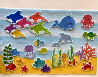 Baby Shark Family Ocean Sea Life Animals Plus Background, Felt Figures & Flannel Board Felt Story Set Kids Pretend Play Preschool