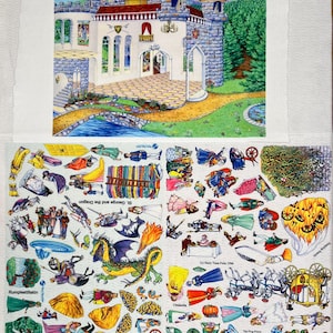 May include: A colorful illustration of a castle with blue turrets, a bridge, and a path leading to a pond. Below, various fairytale characters and scenes are depicted, including a dragon, Cinderella, and St. George and the Dragon. The text "Story Time Felts 1996" is visible.