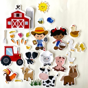 Juego de 35 figuras de fieltro de animales de granja para contar historias en tablero de franela, ideal para niños en edad preescolar.