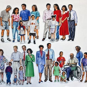 May include: Paper cutouts of diverse families and individuals in various outfits. The illustrations depict adults and children in casual and formal attire, including dresses, shirts, and shorts. The image is a collection of paper dolls.
