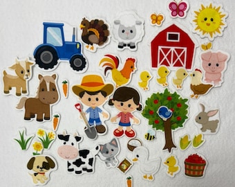 May include: A collection of colorful felt farm-themed cutouts, including a blue tractor, red barn, and various animals like a sheep, pig, and rooster. Also features a farmer, a girl, and a smiling sun. Perfect for crafting or educational activities.