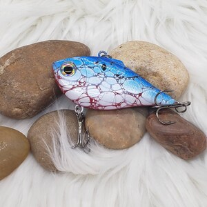 Cracked Blue Shad custom crankbait. Custom fishing lure, Bass fishing lures. Red, white, blue and black.