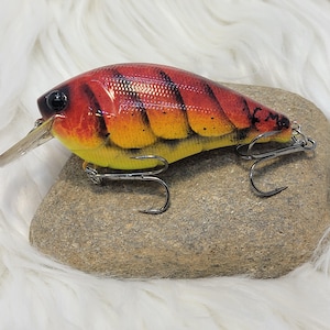 Hot Tomato Craw custom painted crankbait.  Bass fishing, fishing lure. Red, black and yellow painted crank bait. Great Gift!!