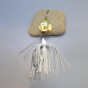 White Baitfish Inline spinner bait, Hand (Wire Tied) Skirt with gold Colorado blade. Bass fishing lure . Great Gift