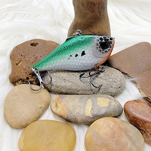 Scale Tennessee Shad Crankbait, bass fishing, custom fishing lures. Green, orange, black, white. Gifts for him.
