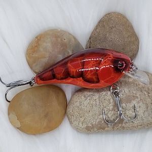 Flaming Craw custom painted lure. Bass fishing lures, Craw bait. Red, Orange, black.