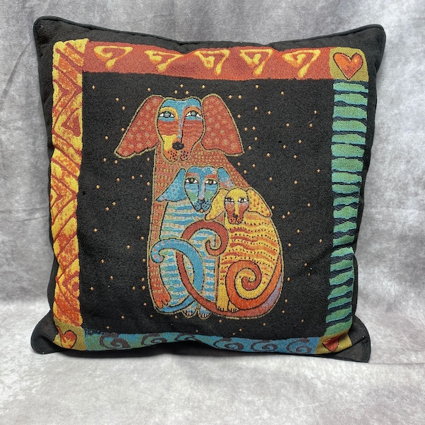 Vintage Laurel Burch Colorful Dogs Tapestry Throw Pillow 18" Suede Velvet Back