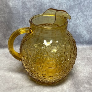 Mid Century Honey Gold Milano Anchor Hocking Ball Pitcher With 6 Juice Glasses zdjęcie 4