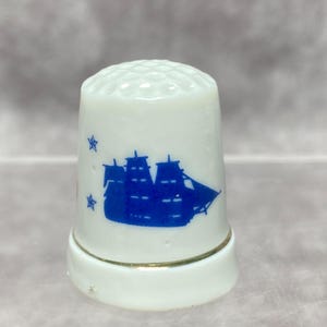Vintage San Francisco Souvenir Thimble With Blue Ship and Red Text Porcelain