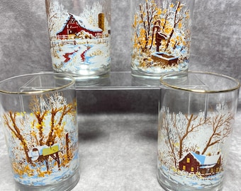 4 vasos planos de vidrio con borde dorado y escena invernal del Círculo Polar Ártico vintage