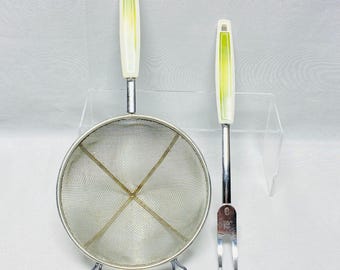 Vintage EKCO Chrome Strainer & Carving Fork Set Green USA-Made Kitchen Tools